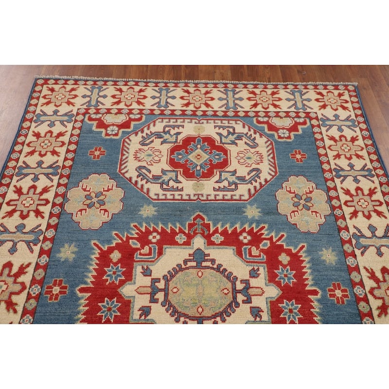 Blue Geometric Kazak Oriental Area Rug Bedroom Handmade Wool Carpet - 4'10" x 6'11"