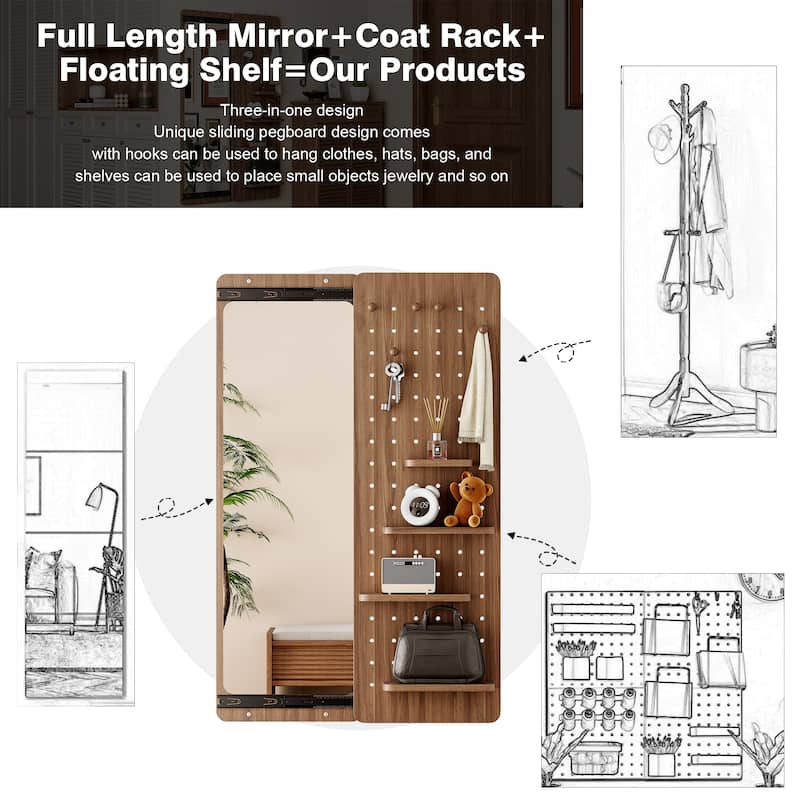 Wall Mounted Full Length Mirror with Shelf and Hook Wall Mounted Mirror with Multifunctional Design Panel(47.6*15.7in)