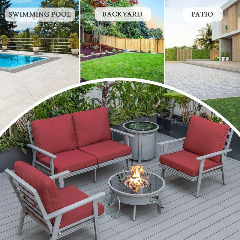 Walbrooke 4-Piece Outdoor Powder-Coated Frame Patio Furniture Set with Fire Pit Table, Tank Holder and Polyester Cushions