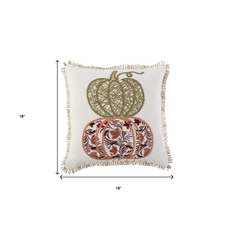 HomeRoots 18" Ivory Green and Red Thanksgiving Cotton Pillow With Applique, Embroidery Edges