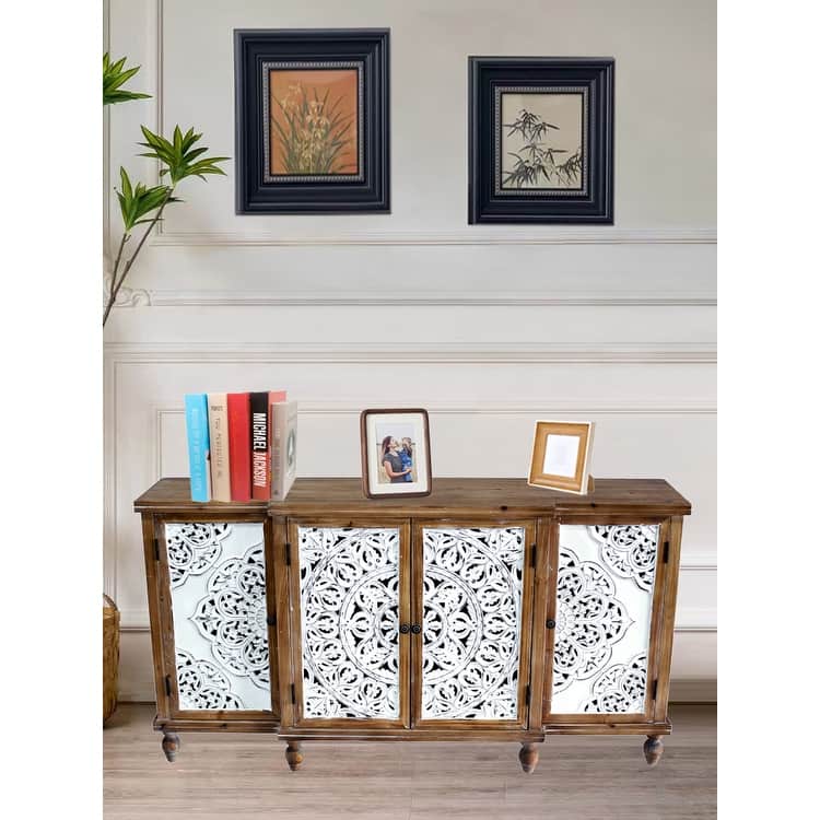 4-Door Hollow-Carved Accent Cabinet, Distressed Wood Storage Cabinet Cupboard with adjustable shelves,unique design