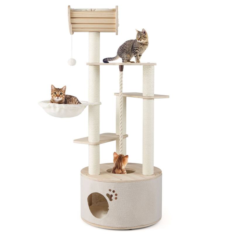 Gymax 55.5'' Tall Wooden Cat Tree for Indoor Cats w/Condo Curved Perch - Multi