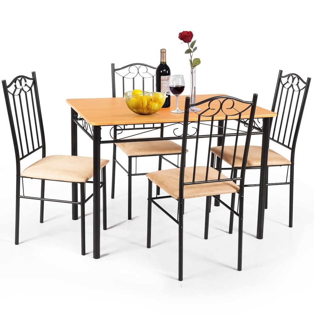 5 PC Dining Set Wood Metal Table and 4 Chairs Kitchen Breakfast (Brown