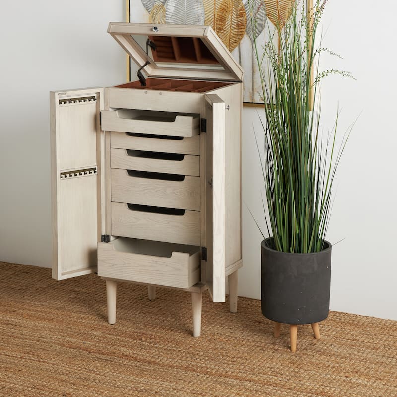 Wooden Geometric Oval Rattan Jewelry Cabinet with Mirrored Lift Top - Light Gray - Roche River Decor - 18"W x 20"L x 47"H