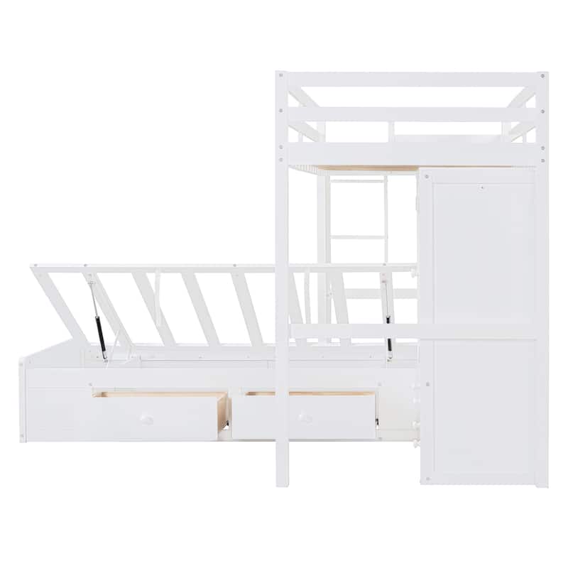 Twin Bunk Bed w/ Drawers, Wardrobe, Storage Shelves and Hydraulic Bed