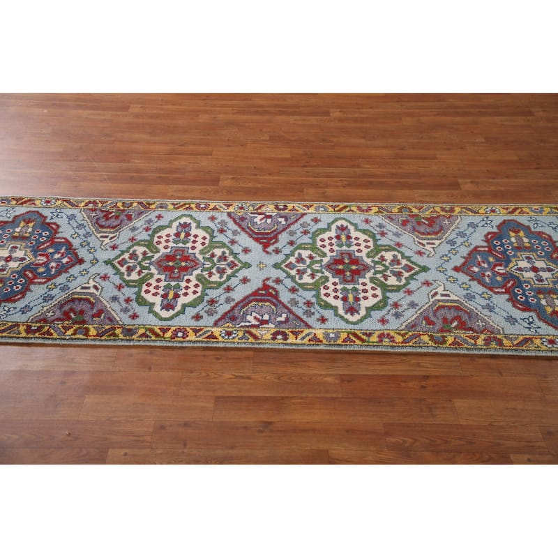 Blue Geometric Kazak Runner Rug Handmade Wool Carpet - 2'6"x 8'0"