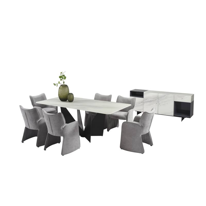 Olivia Modern 8-Piece Dining Set with Tempered Glass Table, Upholstered Armchairs, and 3-Door Sideboard