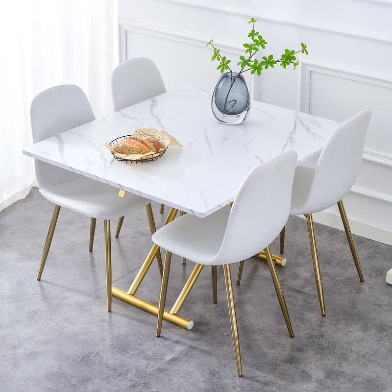 Modern multifunctional lifting platform, wood textured sticker MDF desktop, metal legs. with 4 dining chairs