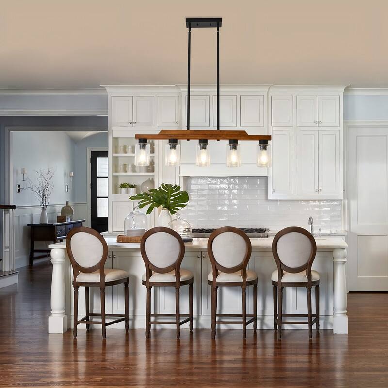 Farmhouse Chandelier for Dining Room Kitchen Island Rustic Wood Linear Pendant Light with Seed Glass Shade