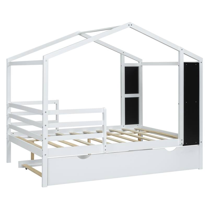 Wood House Bed with Fence and Writing Board