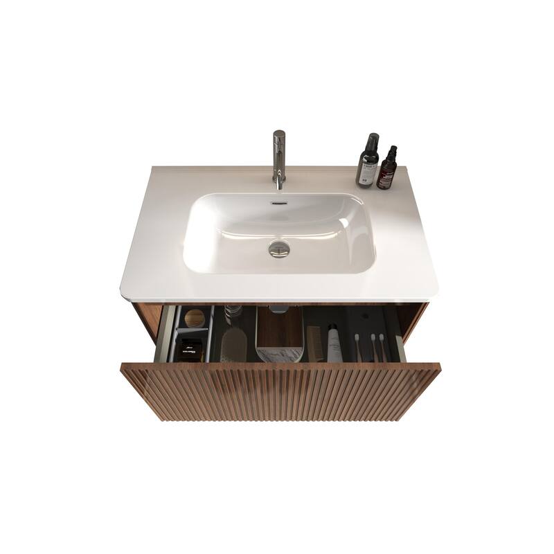 24 Inch Striped Walnut Bathroom Vanity with White Ceramic Sink,Wall Mounted Floating Bathroom Vanity for Modern Bathroom