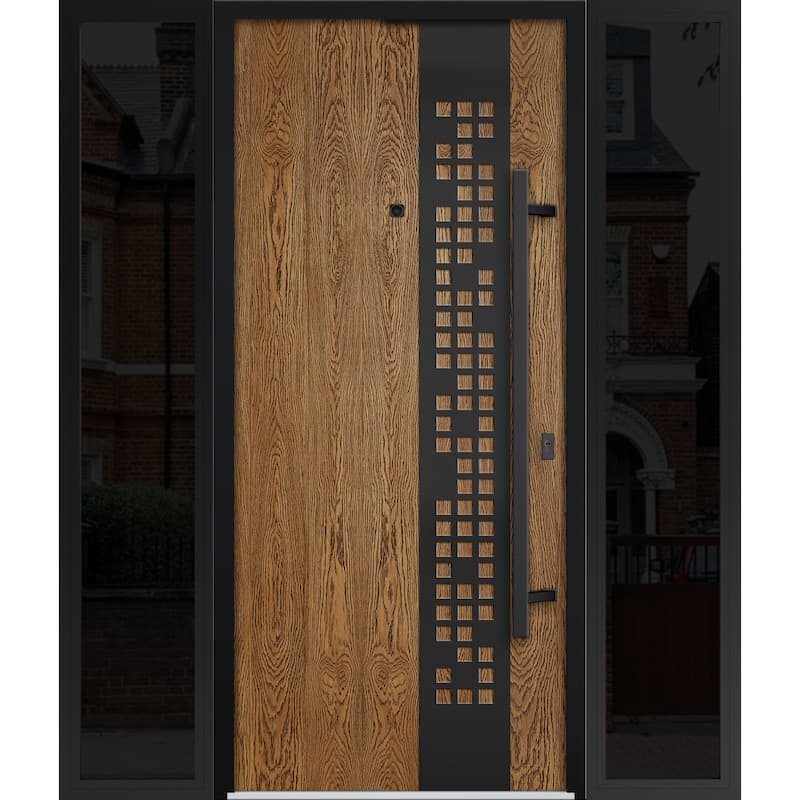 Exterior Prehung Steel Entry Door Ronex 0131 Grey 2 Sidelites Top Window Stainless Steel Inserts 16+36+16x96 Left Hand - Beige - 68" x 80"