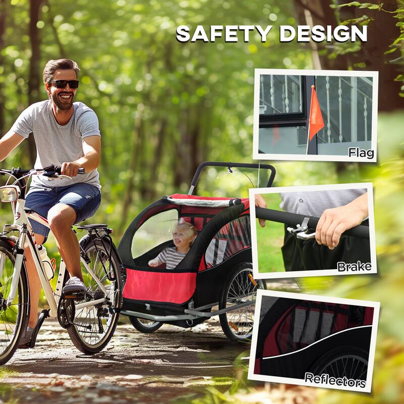 2-Seat Baby Bike Trailer for Kids with Safety Harness, Removable Canopy, Ample Storage