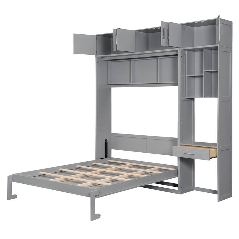 Full Size and Queen Size Wall Murphy Bed with Desk, Top Cabinet and Storage Shelves, Space Saving Foldable Bed