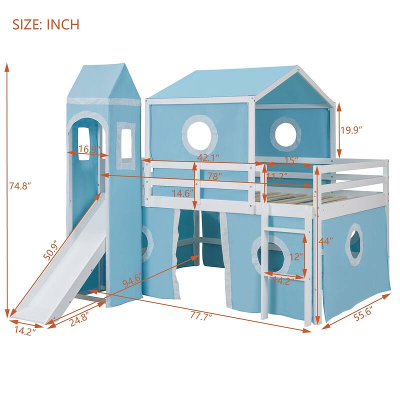 Blue Twin Size Loft House Bed with Slide, Tent, & Tower