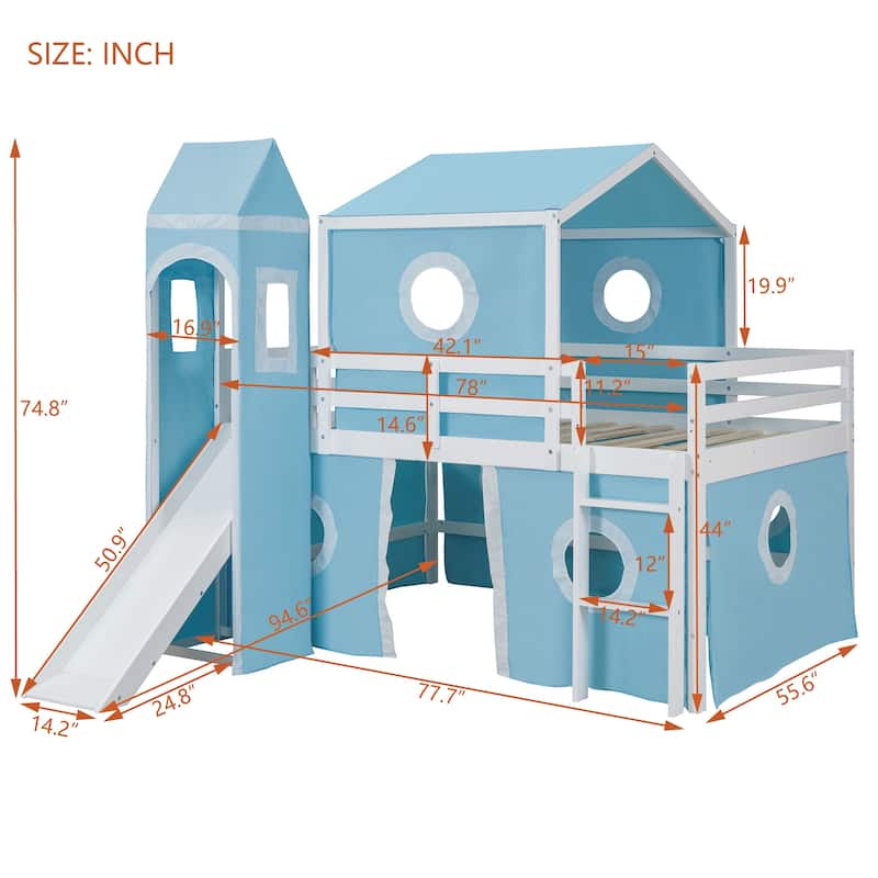 Twin Size Solid Wood Loft House Bed Featuring Slide, Tent, and Tower