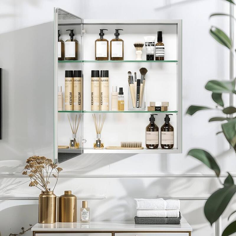 Bathroom Medicine Cabinet with Invisible Handle, Soft-Closing Hinge, Adjustable Glass Shelves