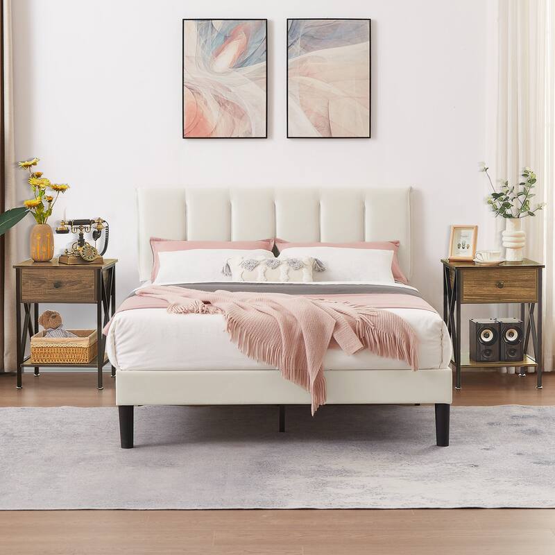 VECELO 3-Pieces Tufted Upholstered Beige Platform Bed Frame with Adjustable Height Headboard and Nightstands Set of 2 - Brown - Queen