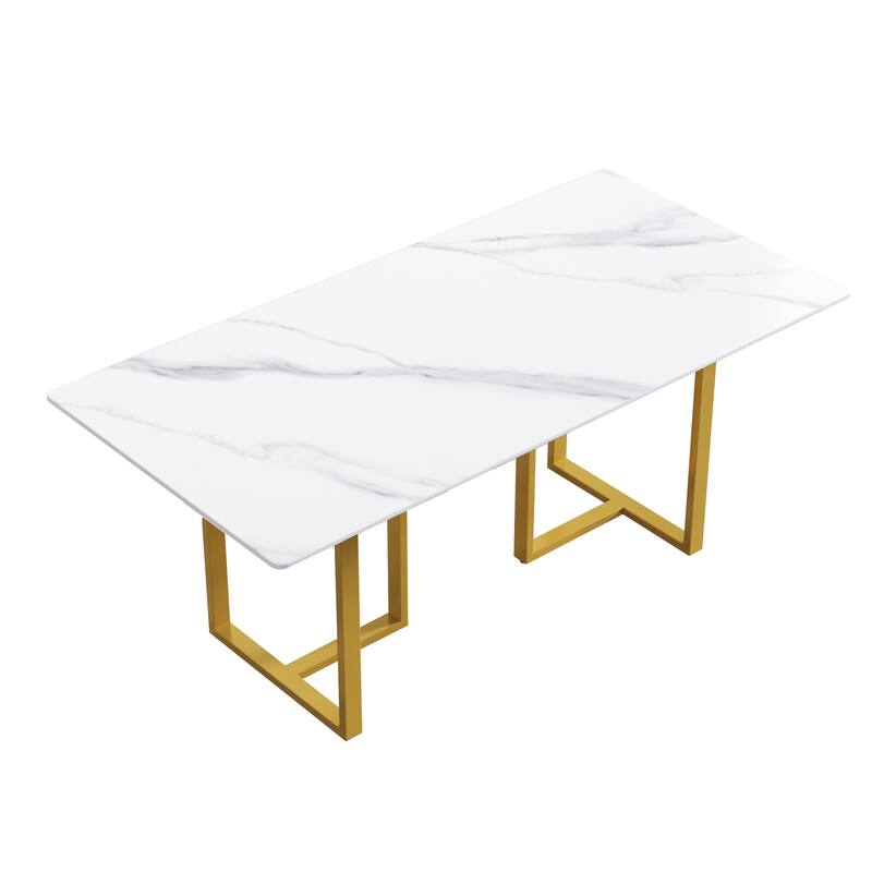 71" White Marble Dining Table for 6-8,Rectangular Tabletop and Triangular Carbon Steel Legs