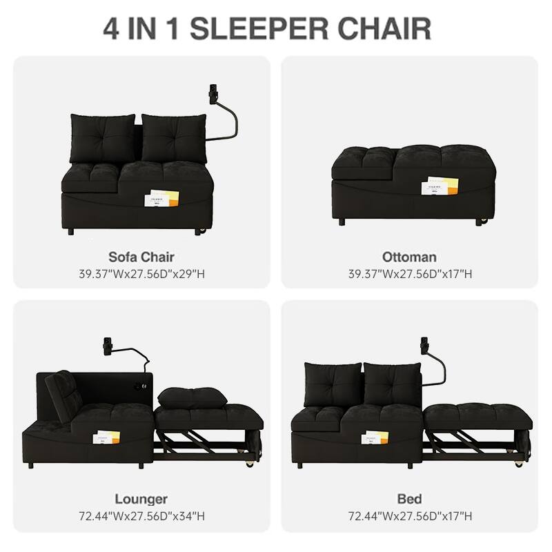 27.56" Velvet 2-Seater Sleeper Chair with USB & Storage