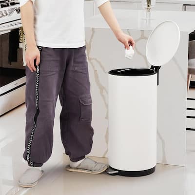 8 Gallon Round Trash Can, 30L Modern Garbage Can for Living Room, Office, Bathroom, Kitchen, White