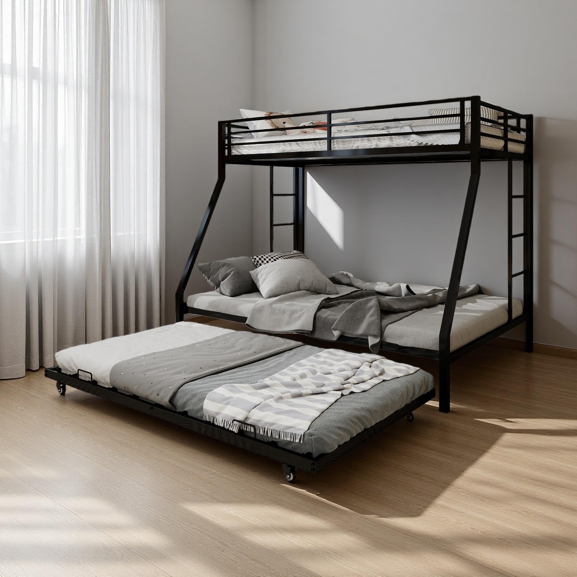 Full Size Iron Bunk Bed with Square Tube Frame, Ladder and Rolling Trundle