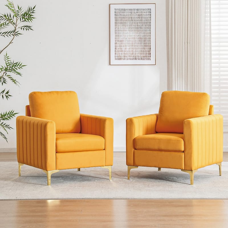 Modern Velvet Accent Chairs (Set of 2) for Living Room & Bedroom Comfy Reading Armchair with Gold Metal Legs - Mustard