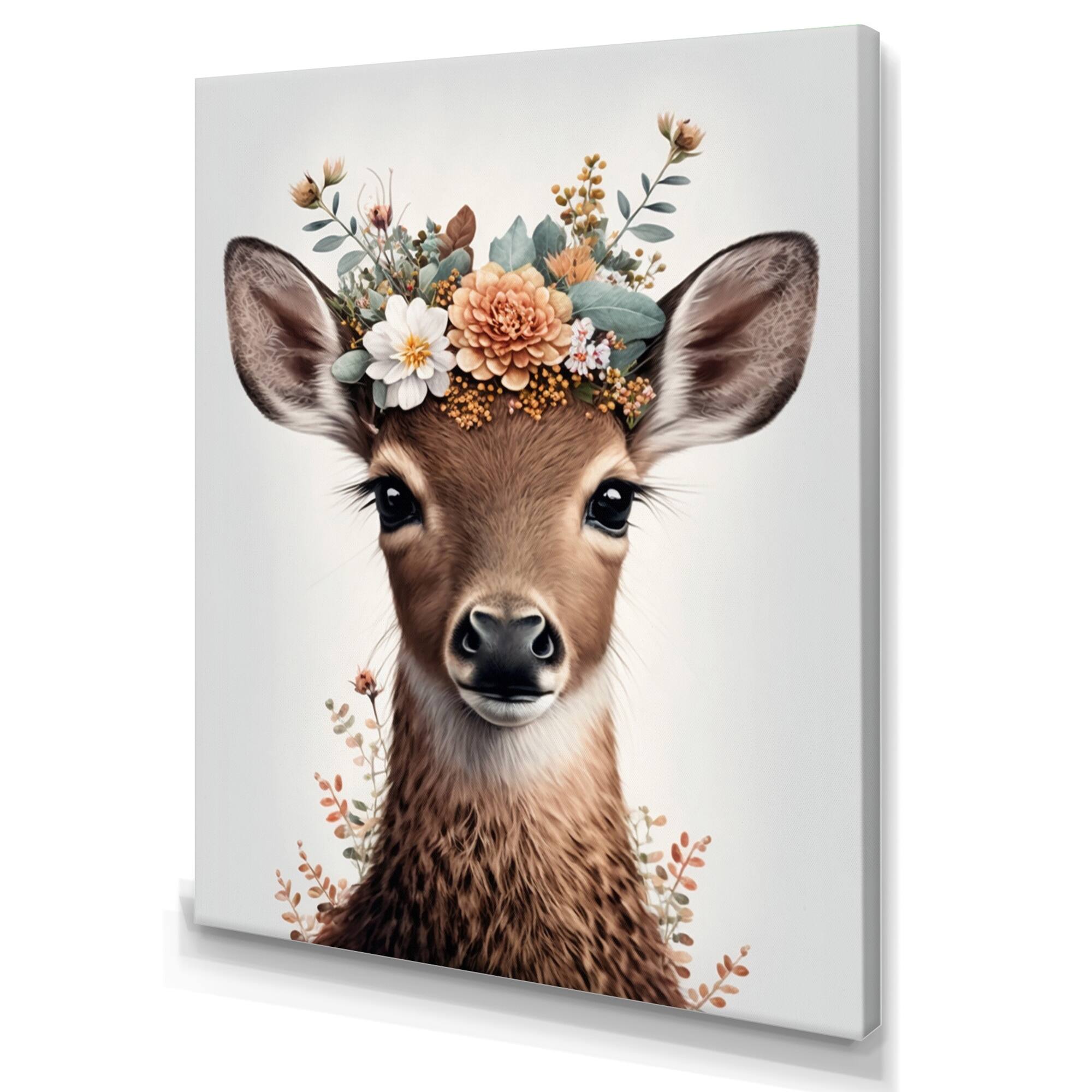 Designart 'Cute Baby Deer With Floral Crown III' Animals Canvas Wall ...