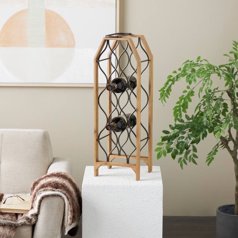 Brown Wood 11 or 8 Slot Geometric Wine Rack with Gray Metal Curved teardrop or Hexagon Holders - Brown - 10"W, 29"H