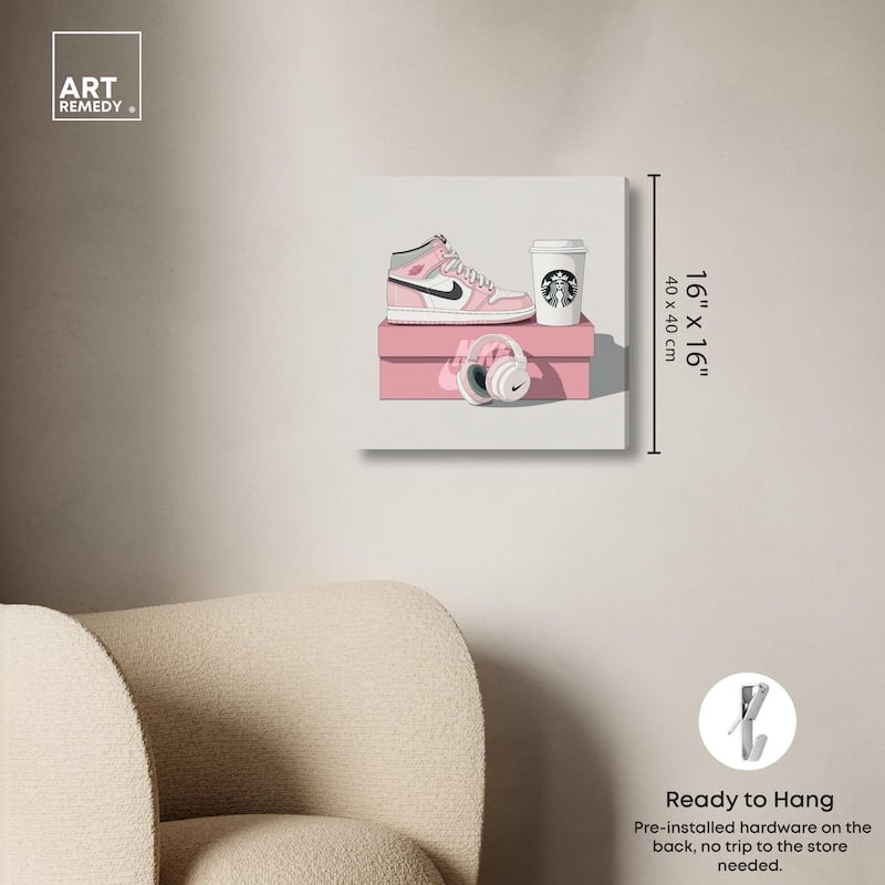 Pink Sneaker and Headphones Canvas by Art Remedy, Gallery Wrapped