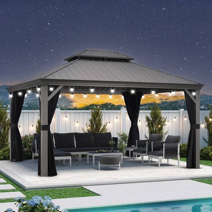 PURPLE LEAF Patio Gazebo for Light Grey Backyard Hardtop Galvanized Steel Frame with Upgrade Curtain - 12' x 14' - With lights