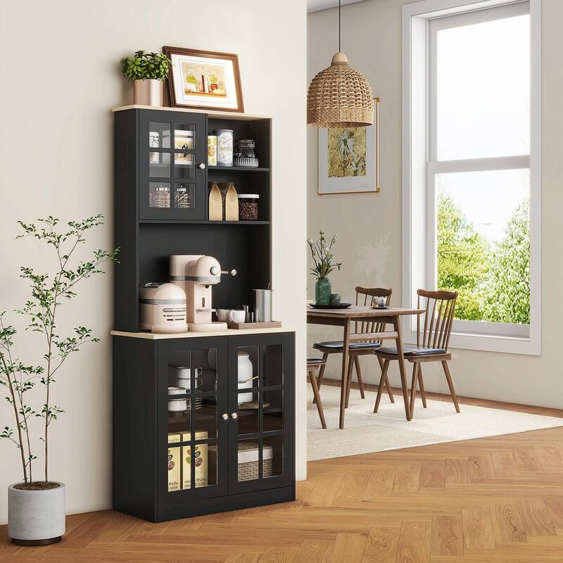 72" Freestanding Kitchen Pantry Cabinet with Hutch, Large Countertop, Glass Doors, and Adjustable Shelves - Black