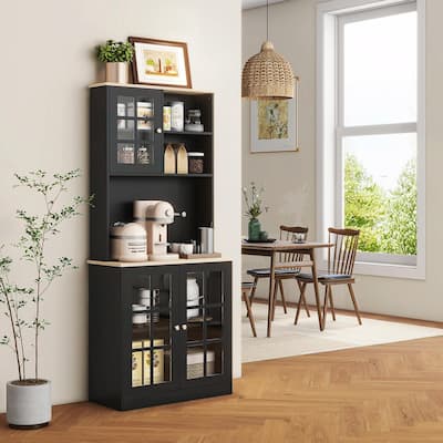 72" Freestanding Kitchen Pantry Cabinet with Hutch, Large Countertop, Glass Doors, and Adjustable Shelves