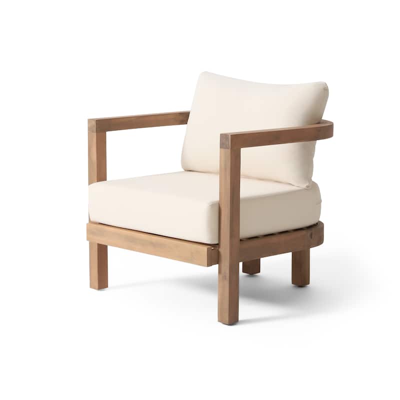 Roomfitters Outdoor Acacia Wood Patio Club Chair, Waterproof Cushions, Wash Finish with Beige Cushions