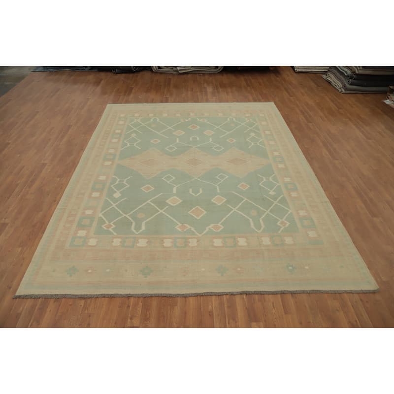 Hand Woven Oriental 100% Wool Carpet Southwestern Tribal Green Kilim Area Rug - 11' 5'' X 8' 10''