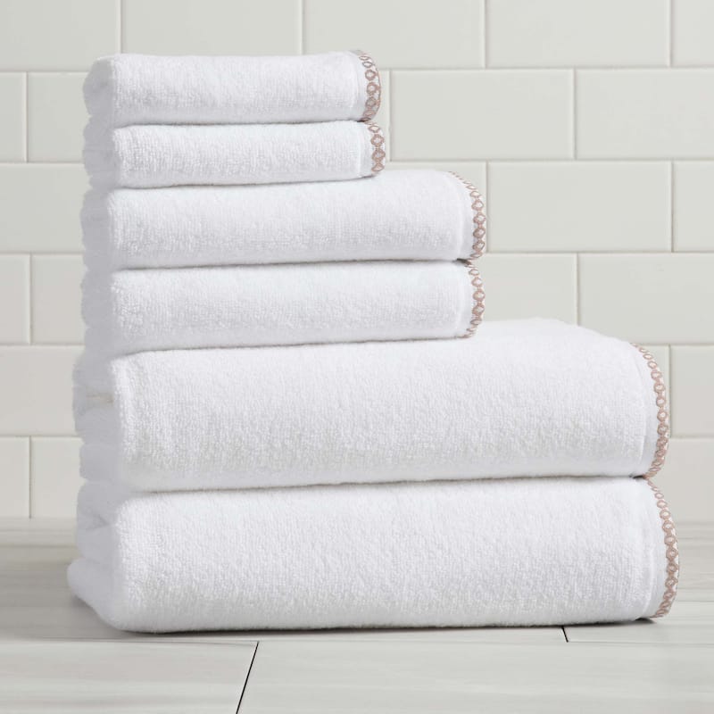 Linery & Co. Quick-Dry Cotton and Decorative Border Towel Set - 6 Piece Set - White / Rosewood