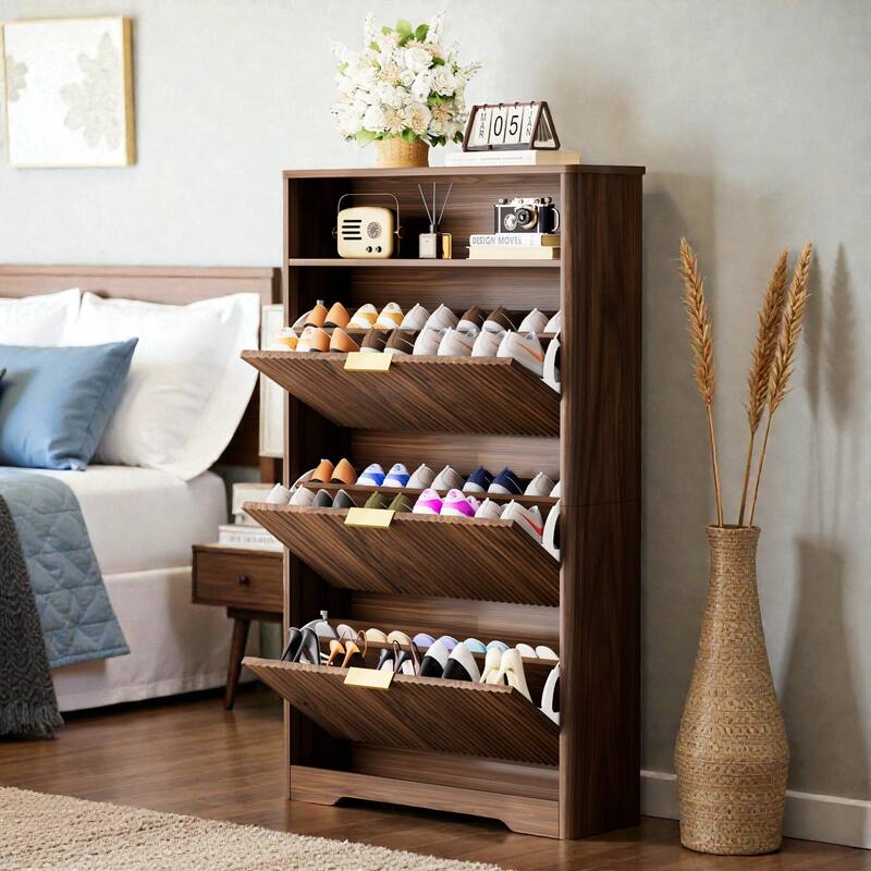 Tall Shoe Cabinet with 3 Flip Drawers, Hidden Entryway Shoe Storage Organizer for Hallway, Foyer, Slim Free-Standing Rack