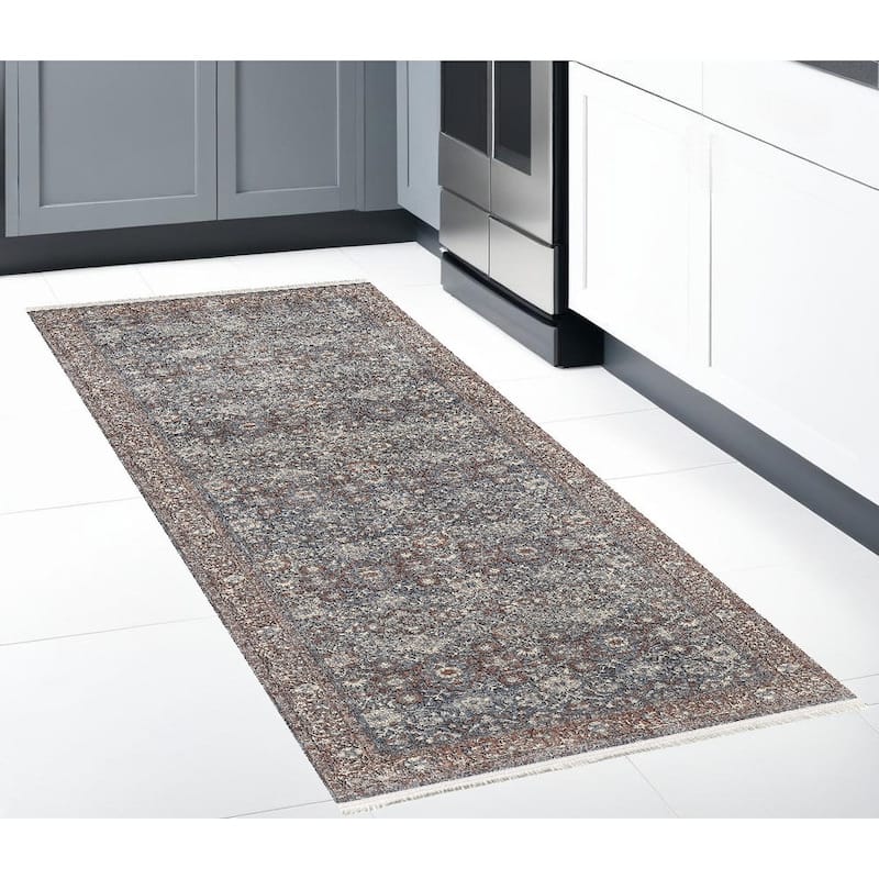 Weteb Power Loomed Floral Stain Resistant Durable Area Rug By HomeRoots - 8' Runner - 8' Runner - Oxford Blue - Runner