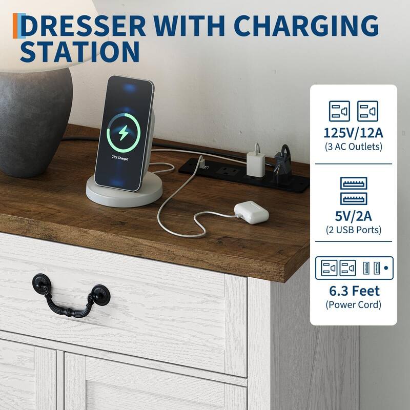 9 Farmhouse Dresser, with Charging Station & Metal Handle