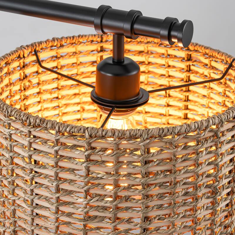 3-Light Modern Farmhouse Black Linear Drum Handwoven Rattan Pendant Light for Kitchen Island