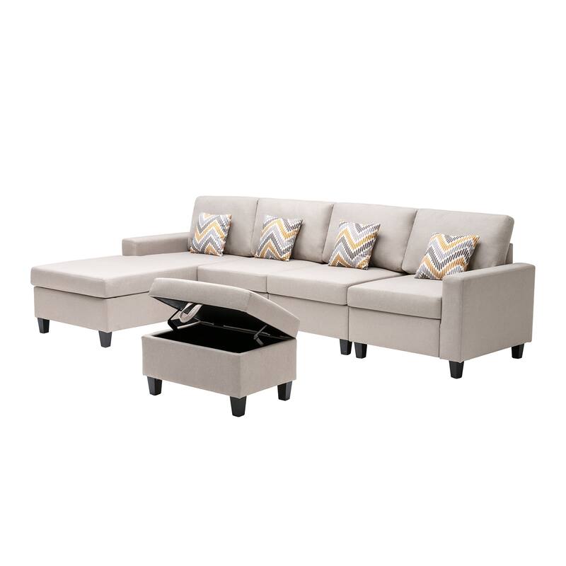 Linen Fabric 5 Piece Reversible Sofa Chaise with Interchangeable Legs, Storage Ottoman, and 4 Pillows in Beige