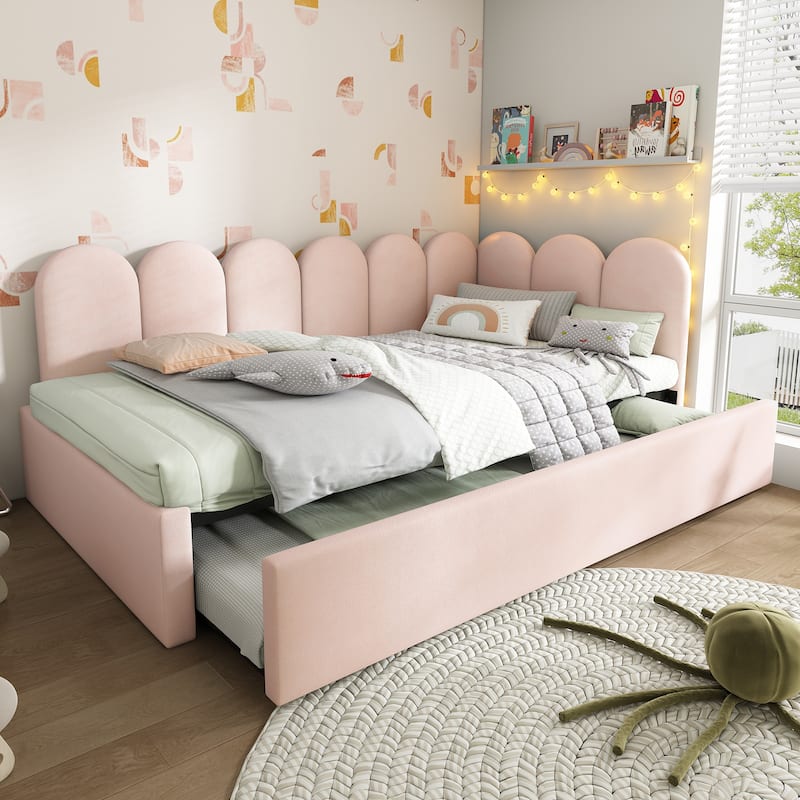 Twin Size Upholstered Daybed with Pull-Out Bed, Velvet Pink Sofa Bed for Adults and Kids, Metal Slatted Frame