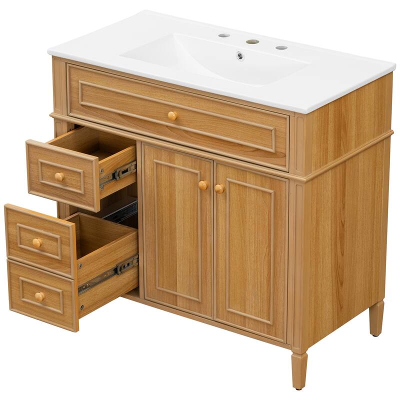 36" Bathroom Vanity with Sink, Solid Wood Frame Bathroom Storage Cabinet, Natural Wood - 36 Inch