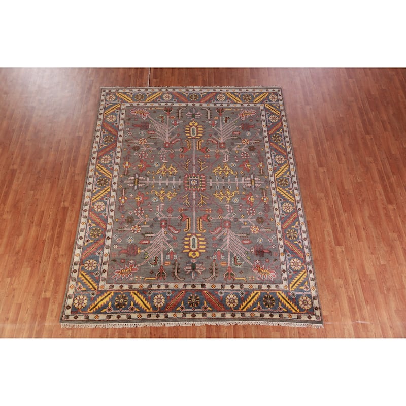 Hand Knotted Oriental 100% Wool Carpet Traditional Geometric Greys & Charcoal Heriz (serapi) Area Rug - 9' 10'' X 7' 11''