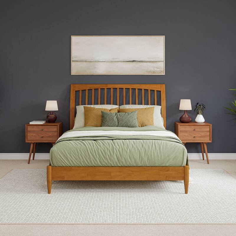 Modern Platform Bed - Solid Wood Sleigh Bed Frame - Low Profile Design - Light Toffee Finish