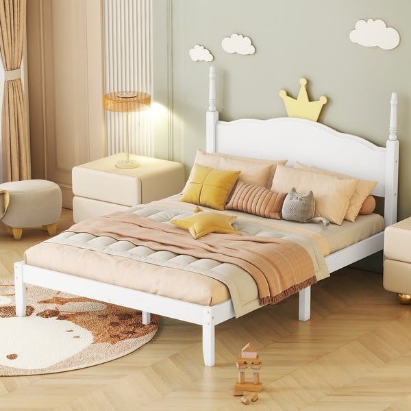 slide 2 of 3, Charming Full Bed with Crown Shaped Headboard and Strong Wood Slats