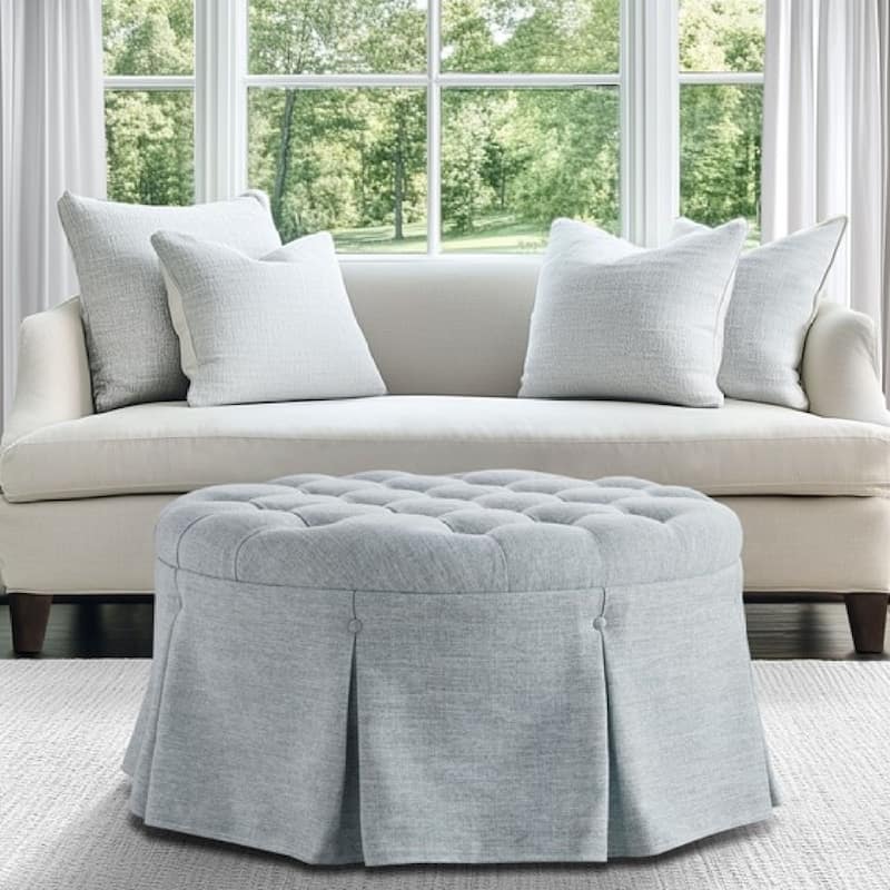 Roomfitters Skirted Tufted 32" Round Ottoman with Pleated Fabric Design, Upholstered Cocktail Ottoman for Living Room