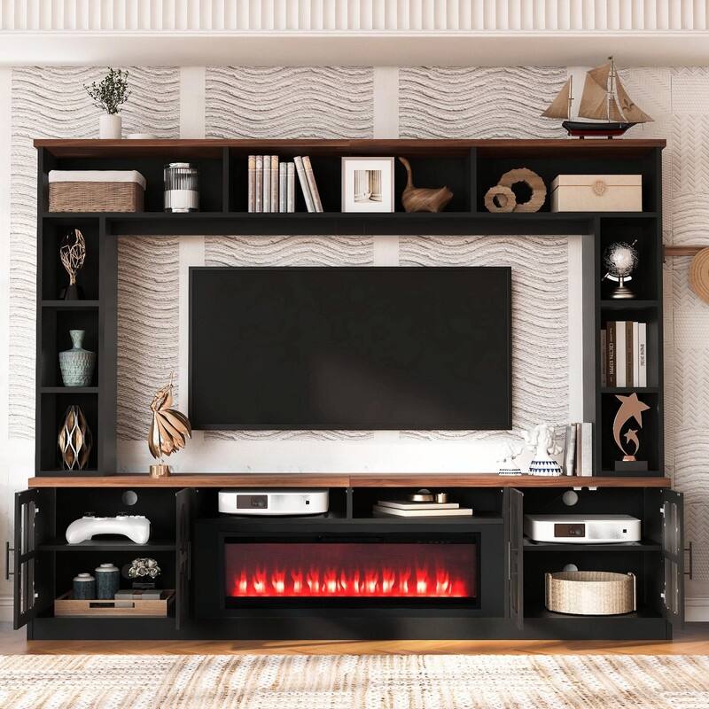 95.5" Wide Wall Unit Entertainment Center with Electric Fireplace and Bookshelves for TVs up to 80"