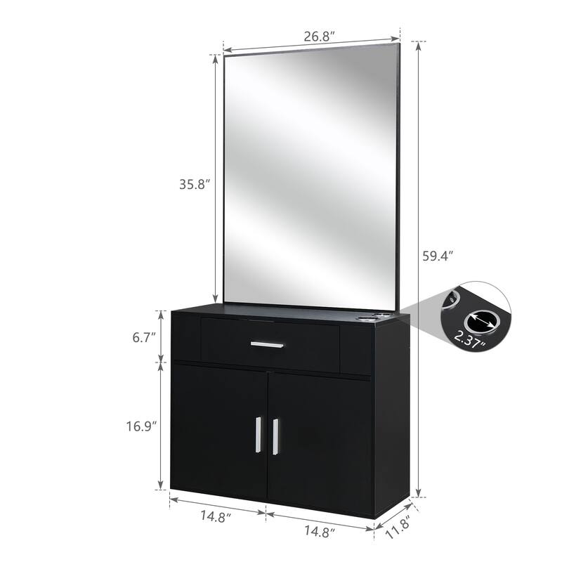 Black Wall Mounted Hair Styling Station with Mirror Drawer and Storage Cabinet for Salon Use - 59.4” x 29.6” x 11.8" (L x W x H)