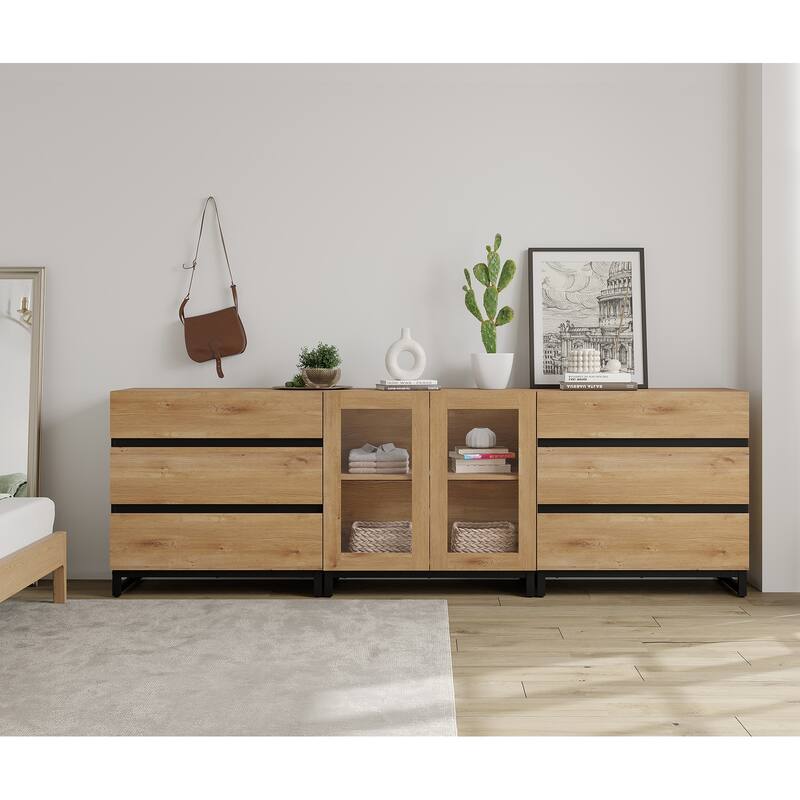 WAMPAT 3 in 1 Multifunctional Dresser with Glass Doors and 6 Drawers, Modern Chest of Drawers for Bedroom